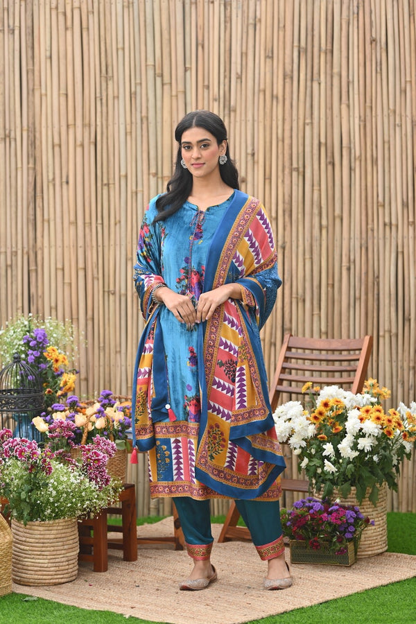 Teal velvet A Line kurta with Salwar and dupatta -set of 3