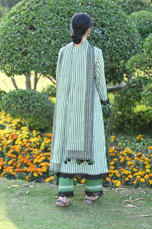 Green striped kurta with front slits, pants and dupatta set