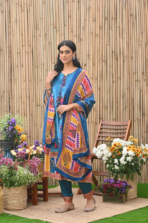 Teal velvet A Line kurta with Salwar and dupatta -set of 3