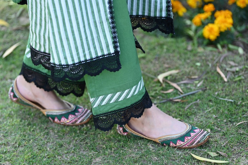 Green striped kurta with front slits, pants and dupatta set (SALE)