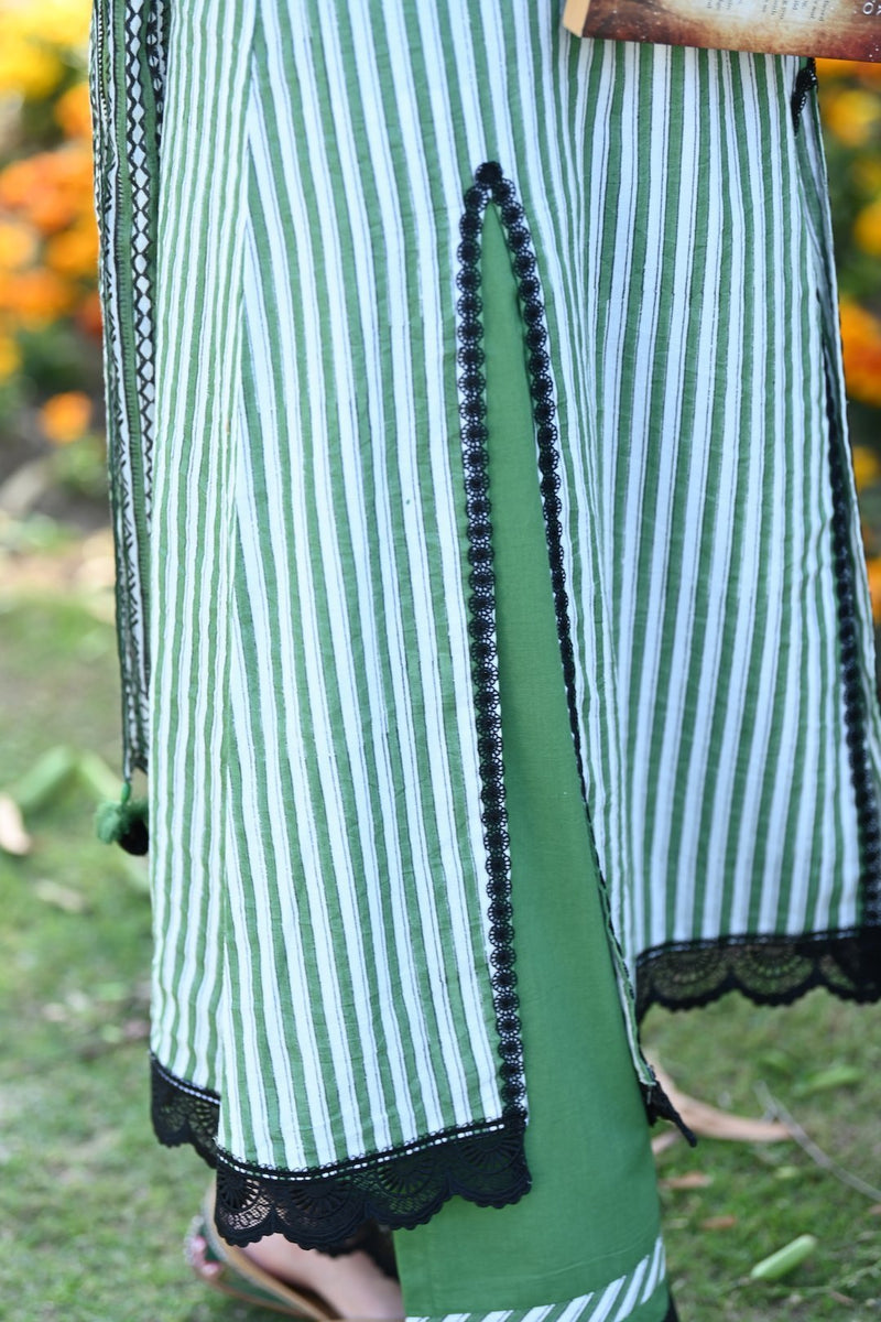 Green striped kurta with front slits, pants and dupatta set (SALE)