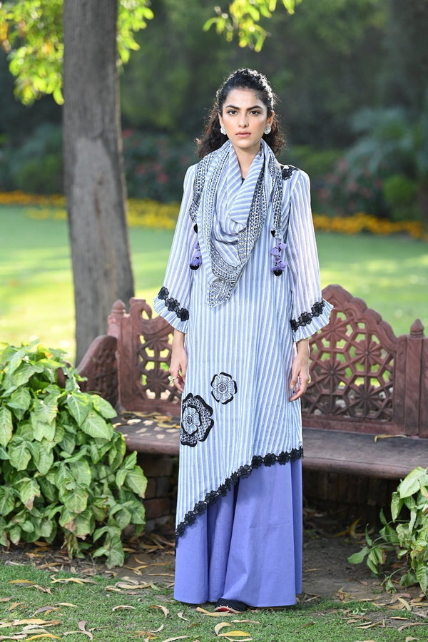 Lavender Asymmetrical Striped Kurta with Sharara and Scarf Set (SALE)