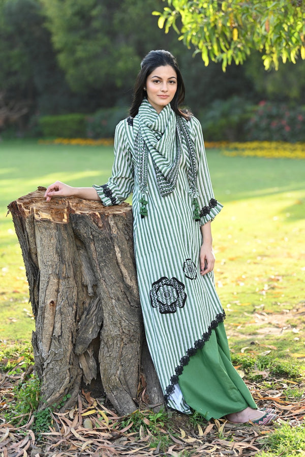 Green Asymmetrical Striped Kurta with Sharara and Scarf Set