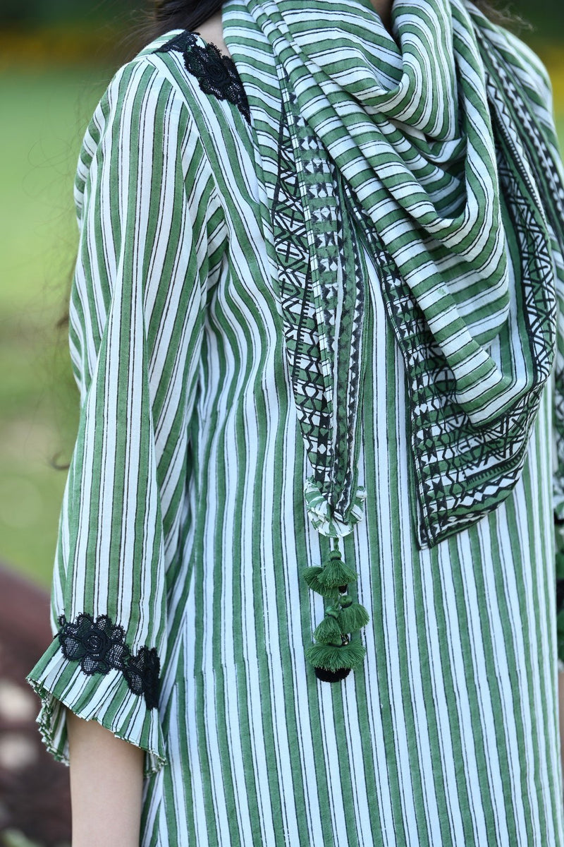 Green Asymmetrical Striped Kurta with Sharara and Scarf Set (SALE)