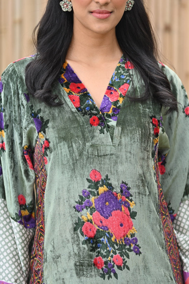 Pista Green velvet Short kurta with Pant and Scarf -set of 3