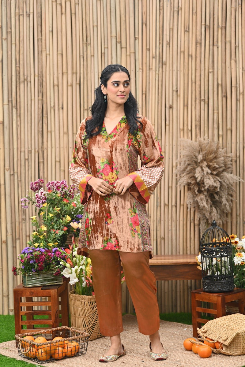 Rust velvet Short kurta with Pant and Scarf -set of 3