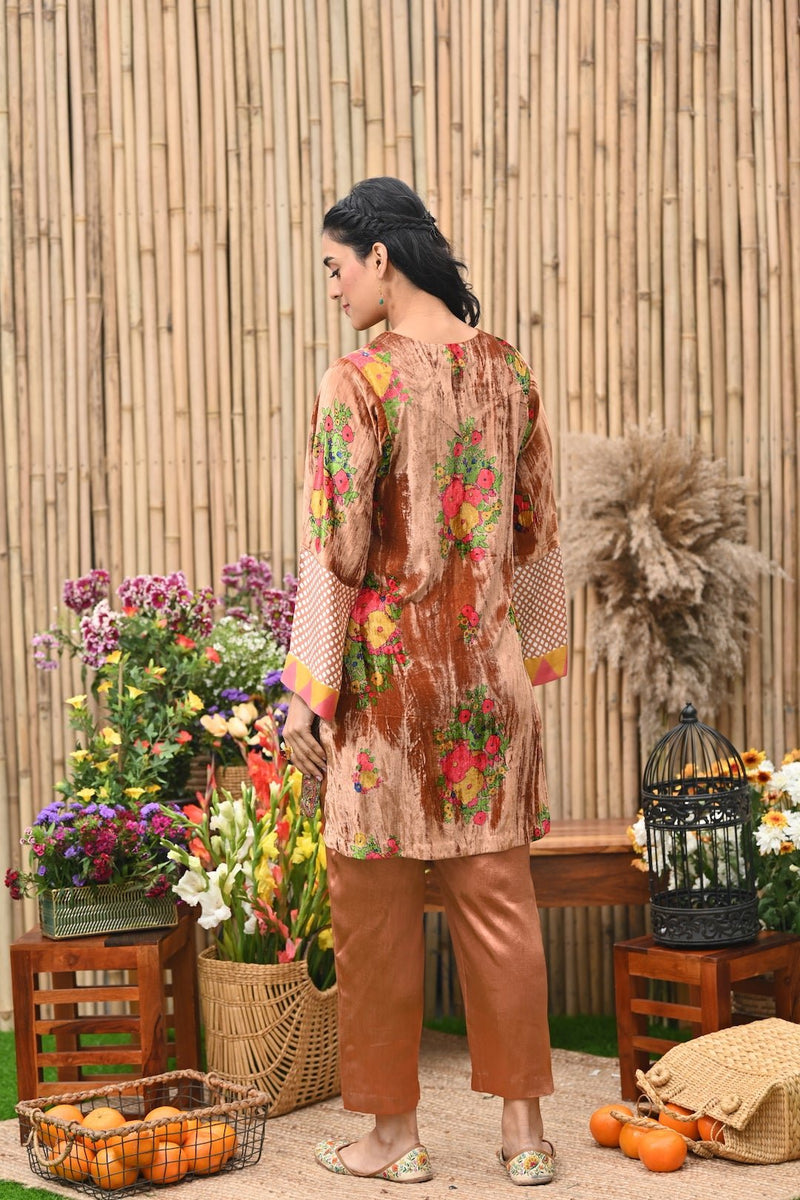Rust velvet Short kurta with Pant and Scarf -set of 3