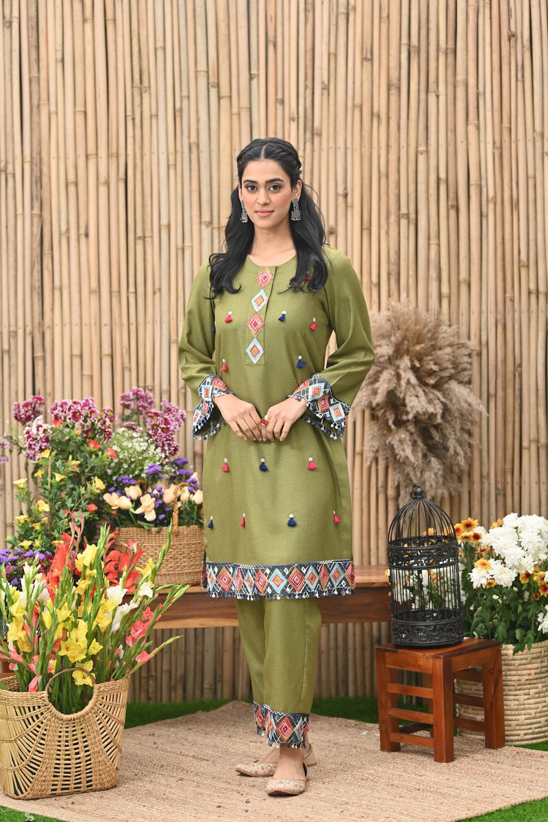 Olive Green Twill kurta with Pant -set of 2