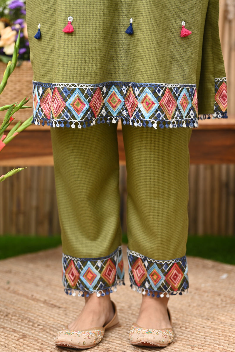 Olive Green Twill kurta with Pant -set of 2