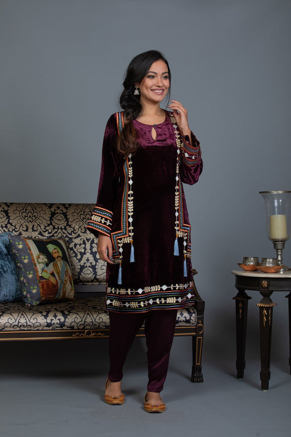 Burgundy Silk Velvet Short Kurta and Salwar Set