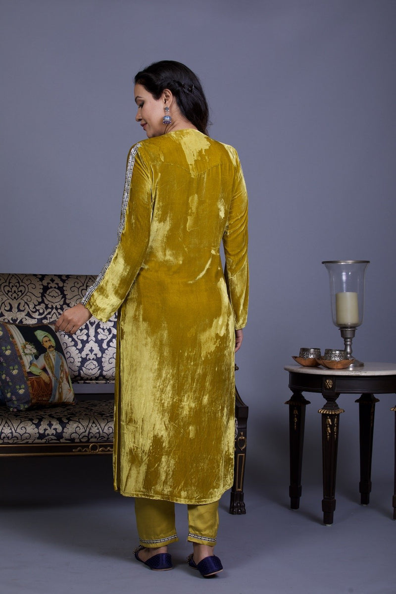 Yellow Silk Velvet Front Open Kurta Set With Pockets
