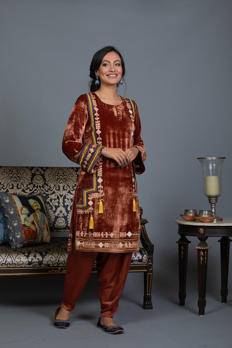 Rust Silk Velvet Short Kurta and Salwar Set