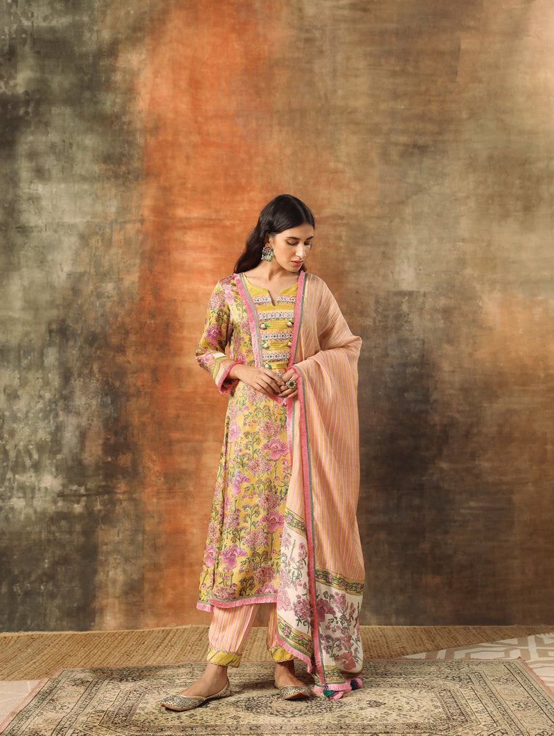 Manjari A-line Kurta with Pant and Dupatta-Set of 3 SALE