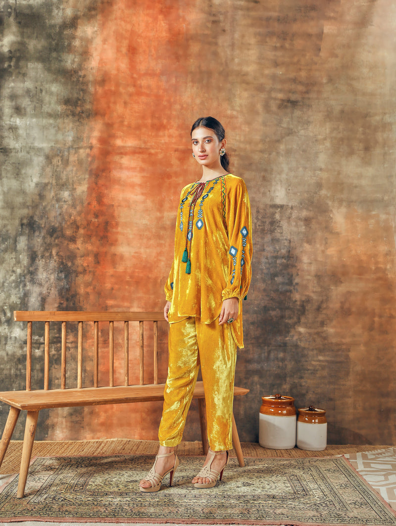 Yellow Front Tie-up Boho Top with Pant Coord Set