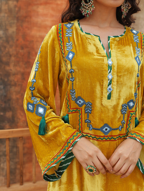 Yellow straight silk velvet kurta with salwar