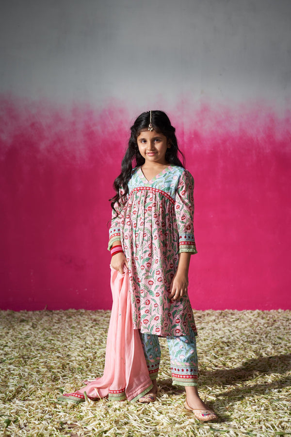 Mehreen V-neck Front Gathered Kurta with Pant and Dupatta -Set Of 3 (For Kids)