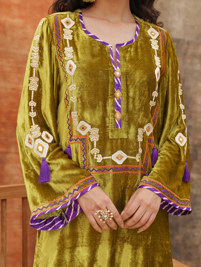 Green straight silk velvet kurta with salwar