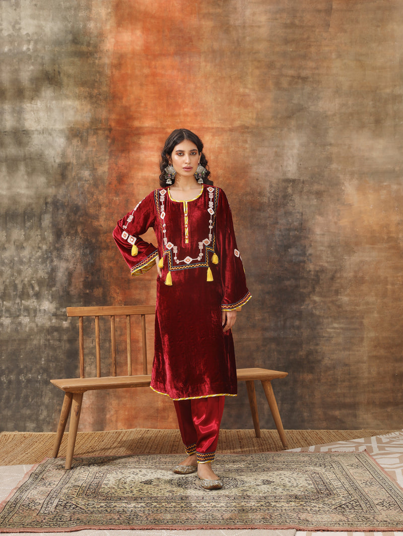 Maroon straight silk velvet kurta with salwar