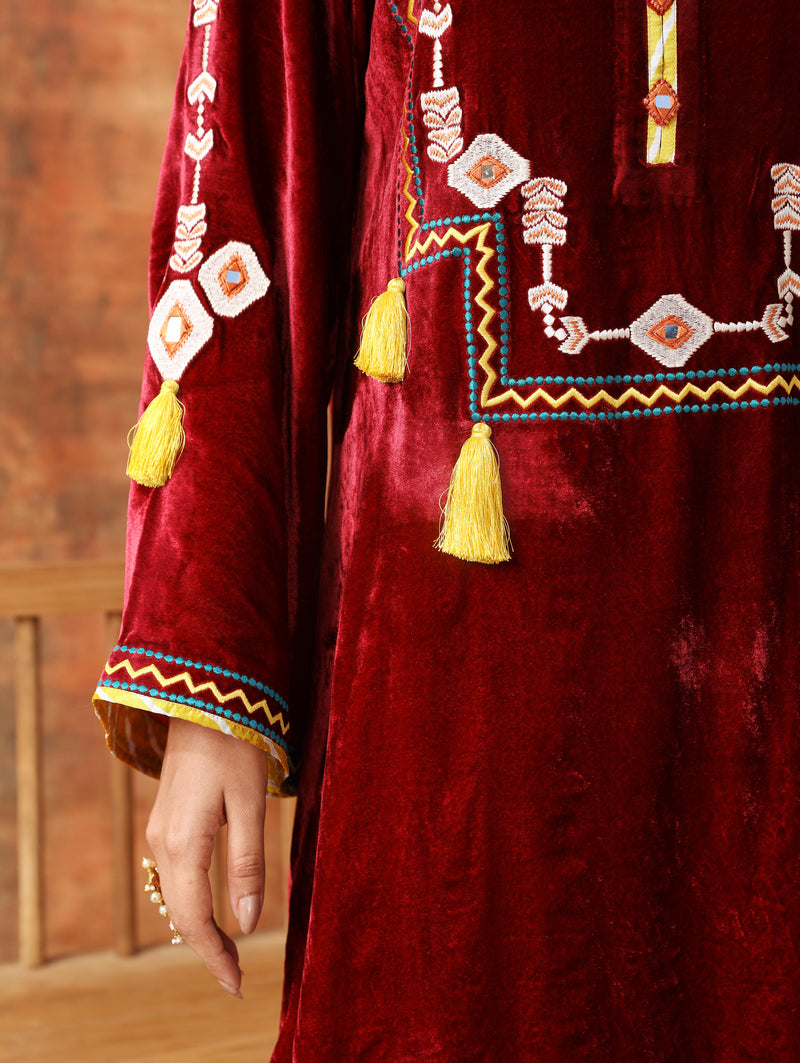 Maroon straight silk velvet kurta with salwar