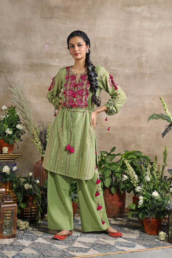 Olive Green Front High, Back Low Kurta With Palazzos